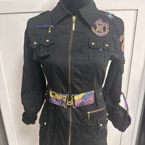 COOGI Military Style Mini Dress Size Medium Black Colorful Patches Y2K